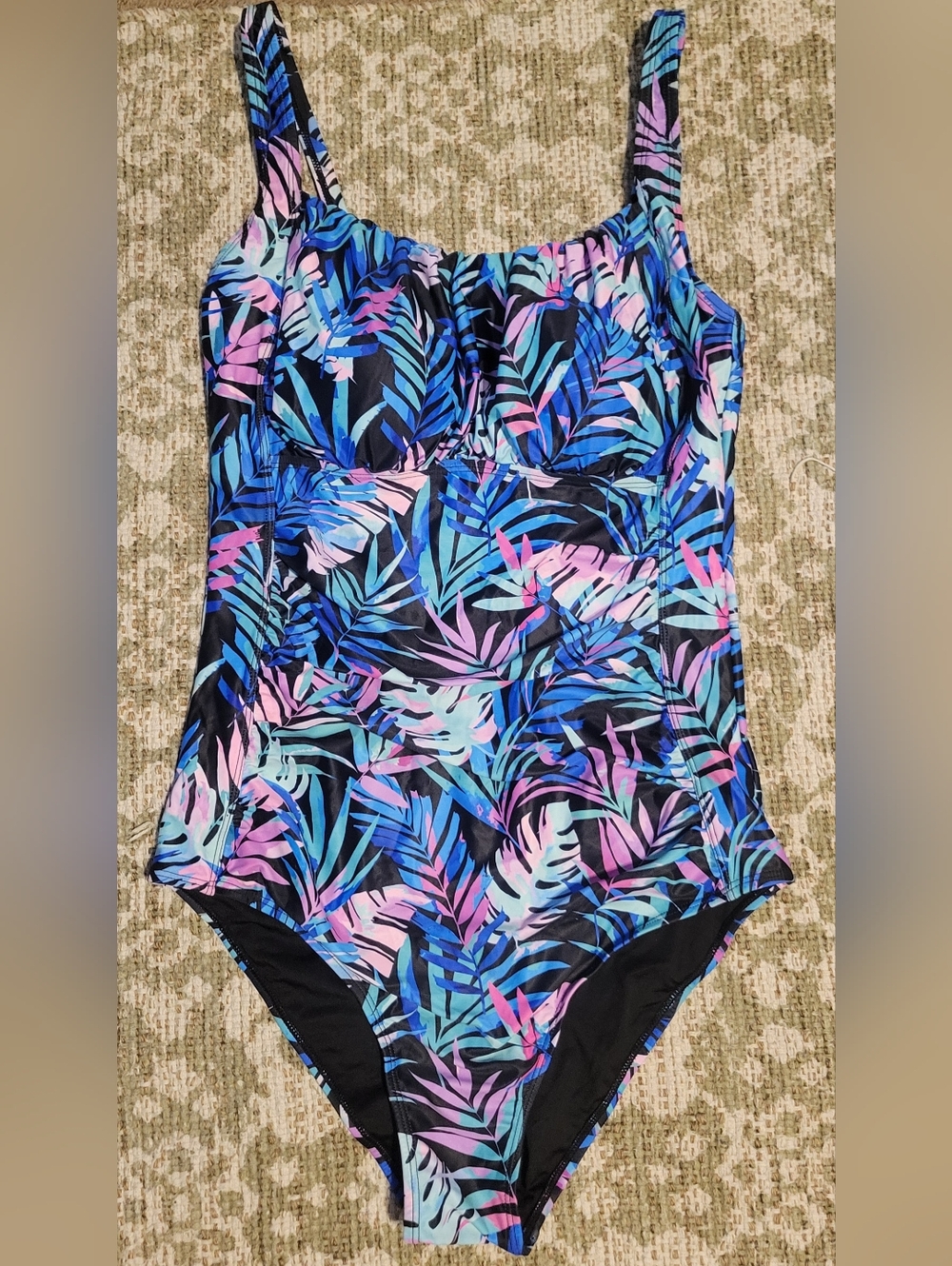 Women's Tropical Leaf One-Piece Swimsuit in Blue & Pink